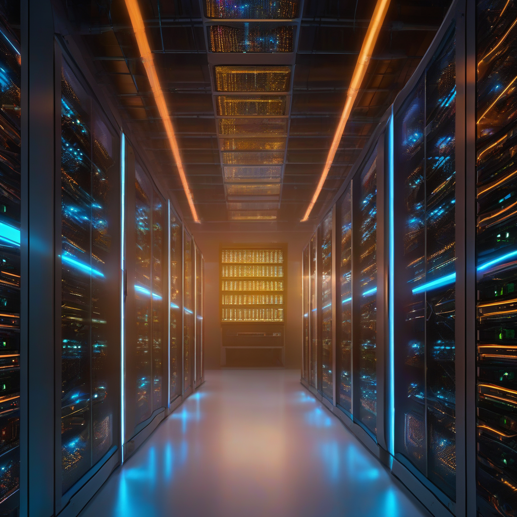 Enterprise data center with glowing servers and holographic AI agent workflow interface