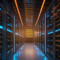 Enterprise data center with glowing servers and holographic AI agent workflow interface